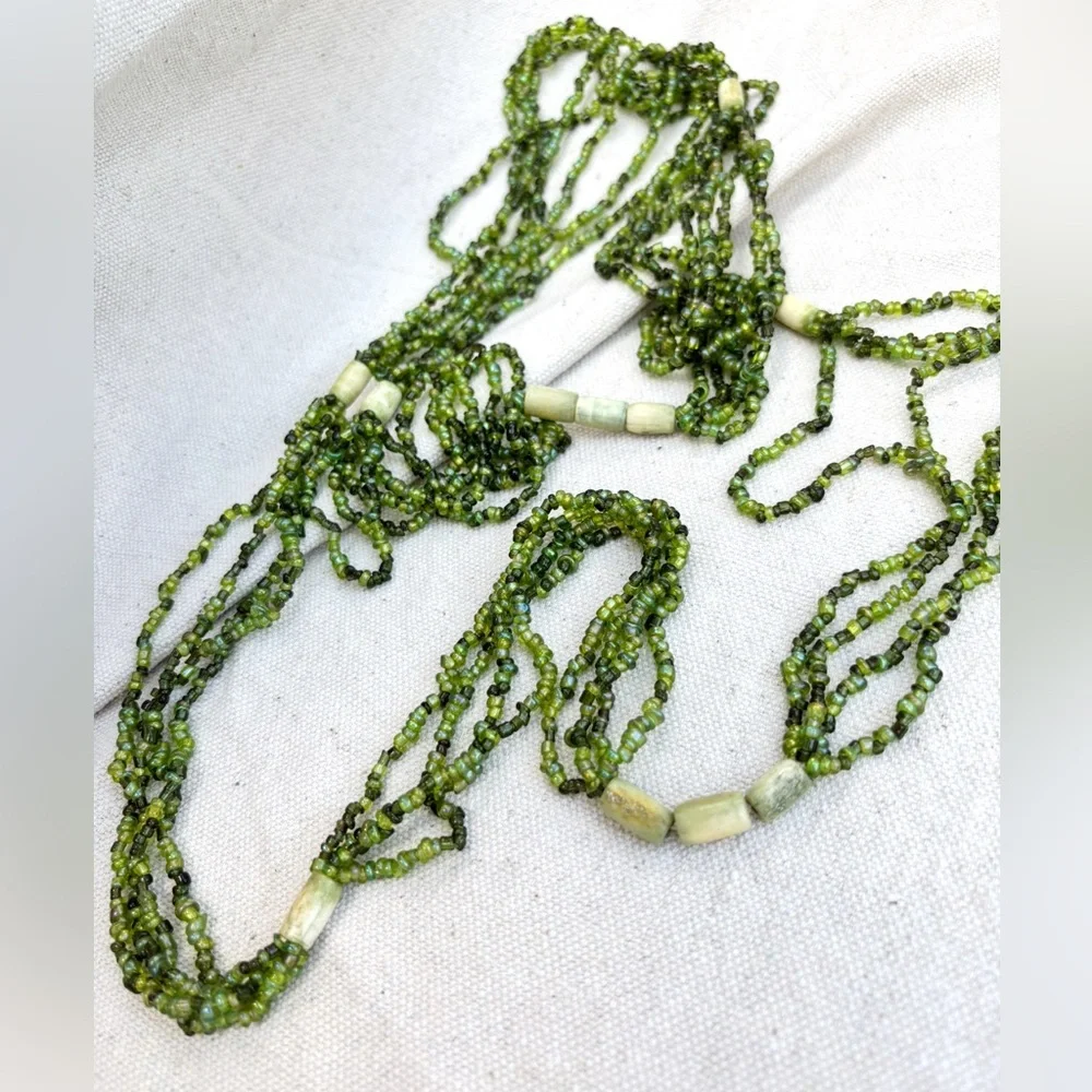 Bohemian Multi Strand Micro Art Glass Bead Torsade Green‎ Statement Necklace - Picture 4 of 6